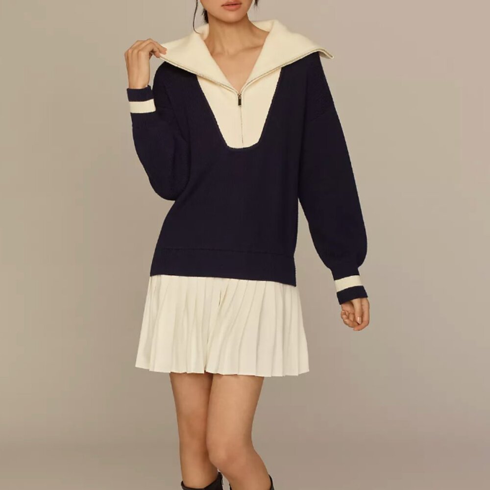 Anthropologie  FLAT WHITE VARSITY SWEATER TWOFER MINI DRESS size XSP NWOT